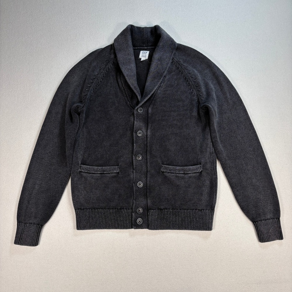 Gap Shawl Collar Cardigan Men's S True Black Washed 100%‎ Cotton Knit Sweater